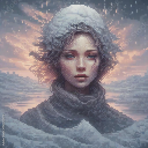 Pixel art cross stitch pattern featuring a woman amidst a snowy scenery.
