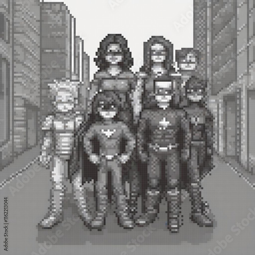 Pixel art superheroes in a bustling cityscape