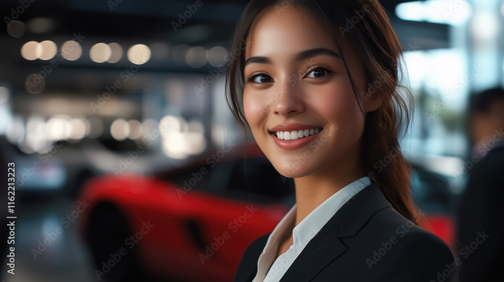 Smiling confident woman car dealer in suit at automobile dealership. Professional car dealer at auto showroom, holding clipboard.
