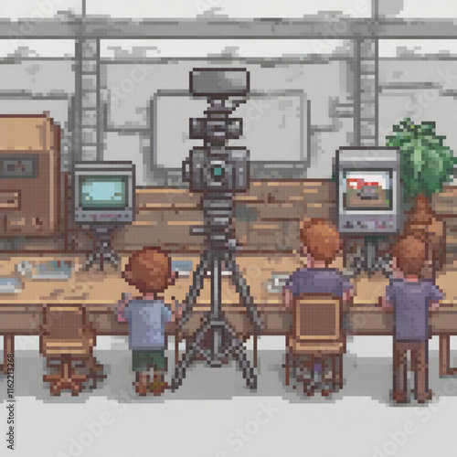 Pixel art depicts friends sharing a meal, captured by a vintage camera.