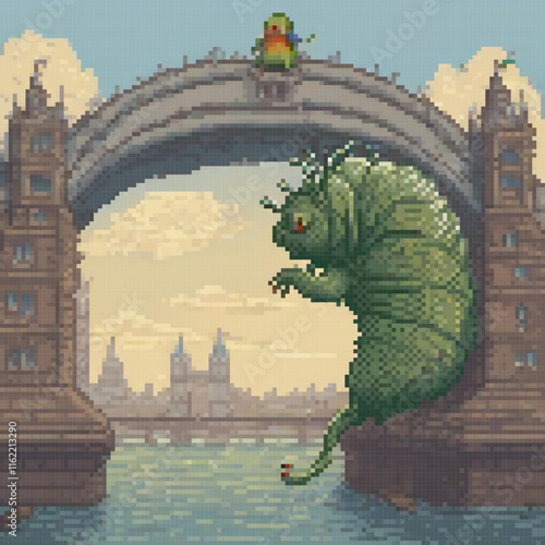 Pixel art dragon perched on a bridge, serenely overlooking a flowing river.