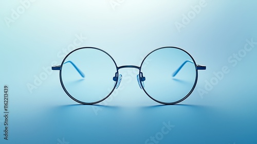 round eyeglasses with blue lenses on a sleek blue gradient background photo