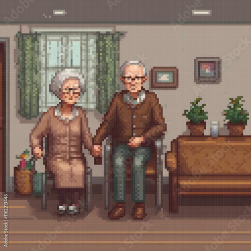 Pixel art depicts an elderly couple enjoying a cozy living room moment.