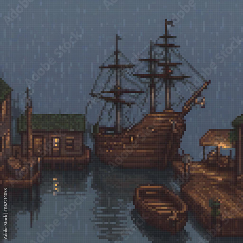 Pixel art of a pirate ship moored in a moonlit harbor.
