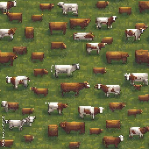 Pixel art of cows grazing in a vibrant green field.