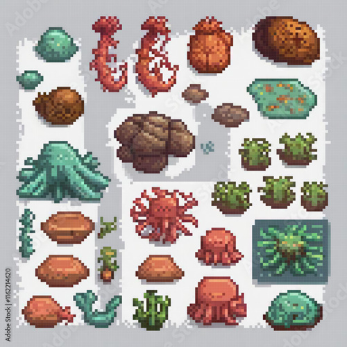 Pixel art sea creatures collection, vibrant and charming.