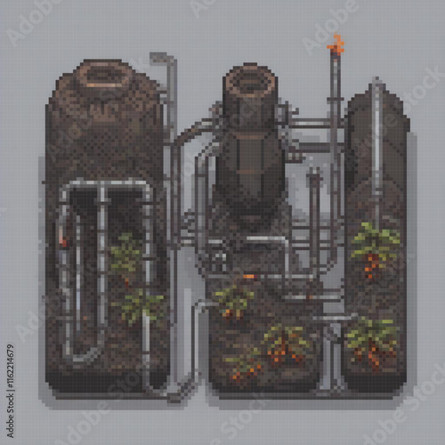 Pixel art factory model with intricate pipes and valves