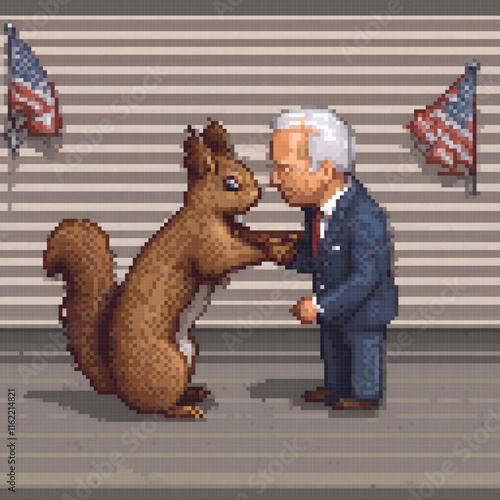 Pixel art of a gentleman in formal attire with a squirrel companion.