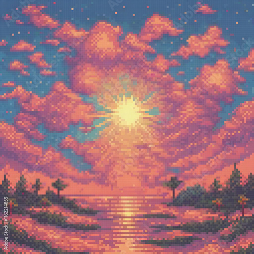 Pixel art cross stitch sunset lake pattern