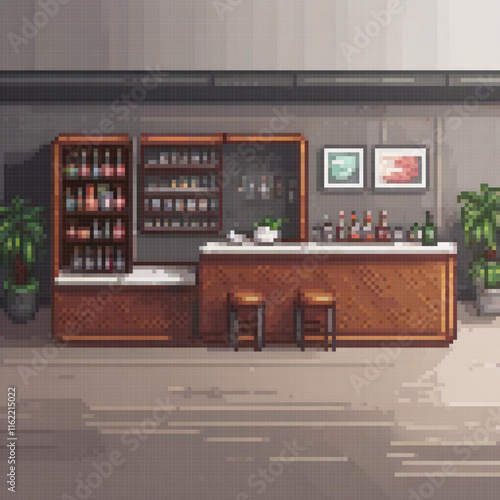 Pixel art depicting a lively bar scene with an impressive collection of bottles on the counter.