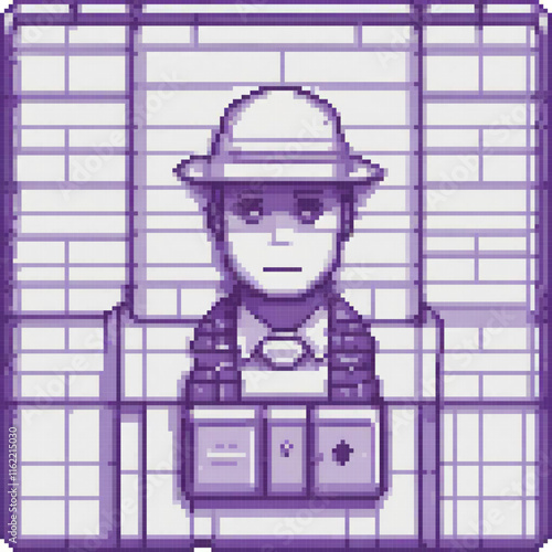 Pixel art of a stylish man in a hat and vest, standing proudly before a charming brick wall.