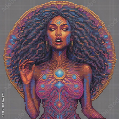 Pixel art cross stitch pattern featuring a woman with an afro.