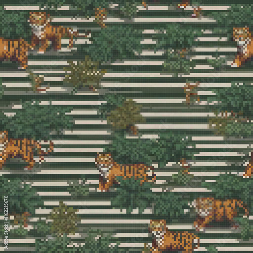 Tigers and trees in pixel art on a lush green backdrop.