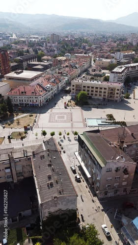 Concept of travel to Europe. An aerial shot of the city of The city of Cacak, Serbia. Vertical shot photo