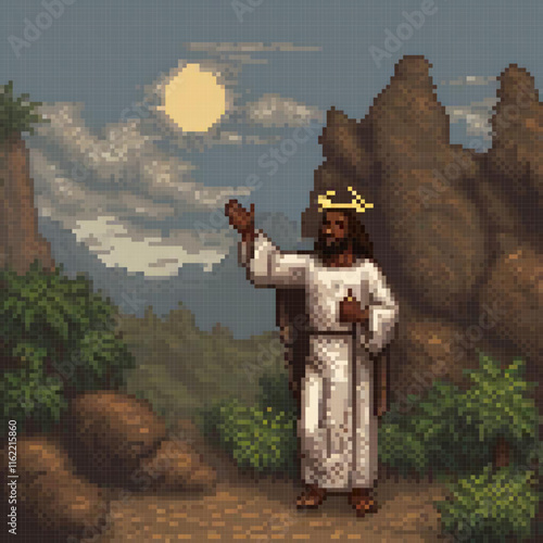 Pixel art depicts a man in a white robe before a majestic mountain.
