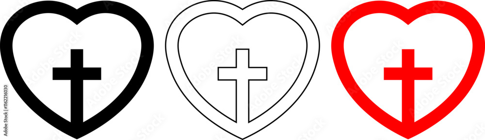 Christian cross with heart icon set