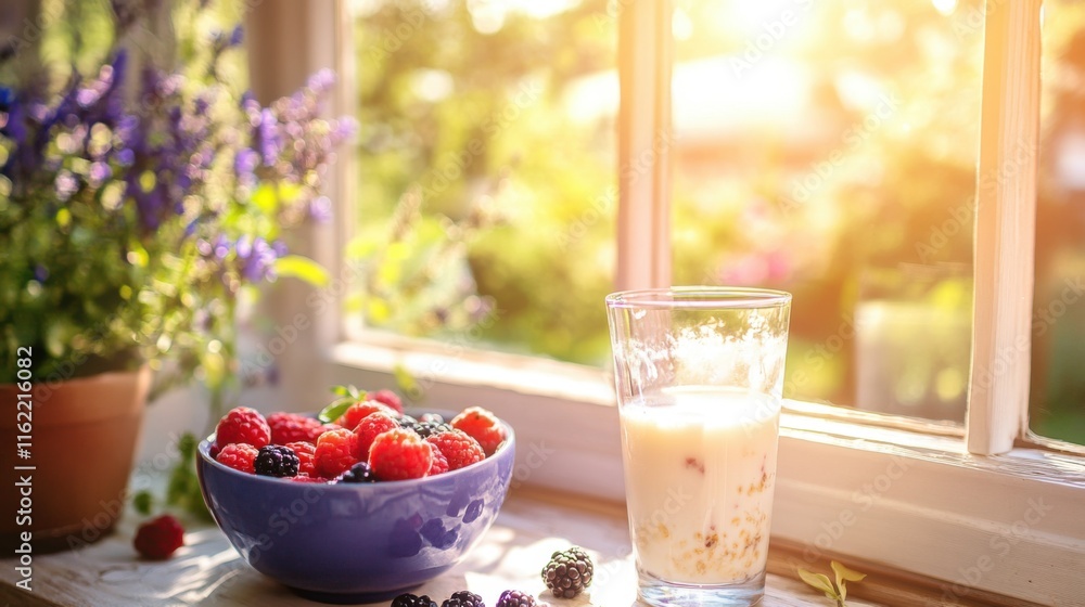 Oatmeal and Berries in Natural Kitchen Setting Oatmeal and Berries in Natural Kitchen Setting