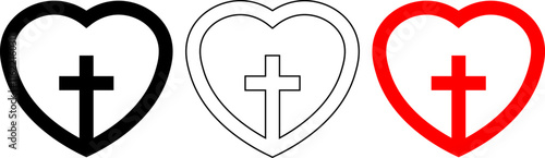 Christian cross with heart icon set