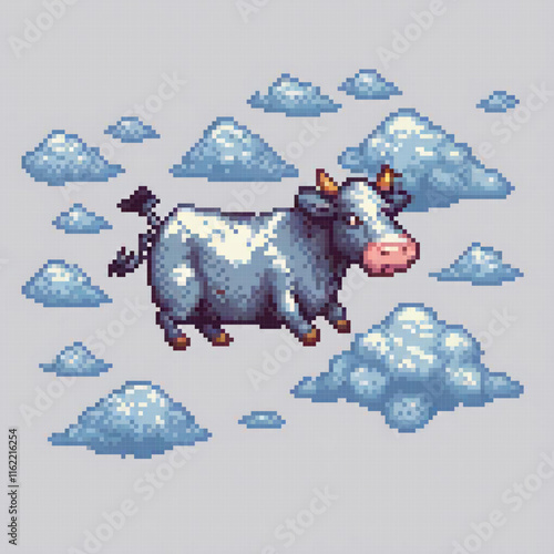 Pixel art cow soaring skyward, whimsical animation.