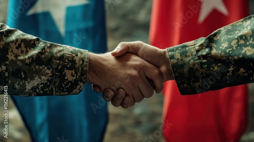 Two men shaking hands in front of two flags, one blue and one red photo