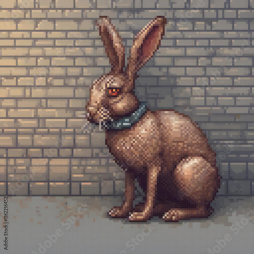 Cute brown rabbit in pixel art, chilling by a brick wall.