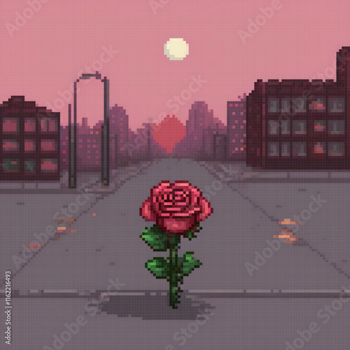 Pixel art of a rose amidst urban hustle at sunset.