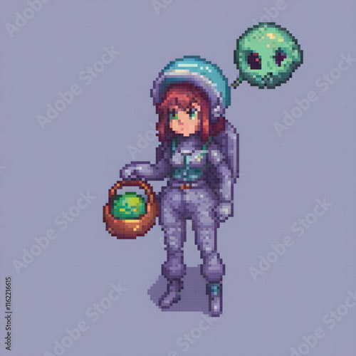 Galactic girl in space gear with a vibrant green orb