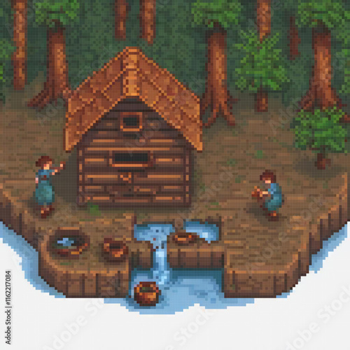 Pixel art depicting a cozy cabin nestled in a serene forest.
