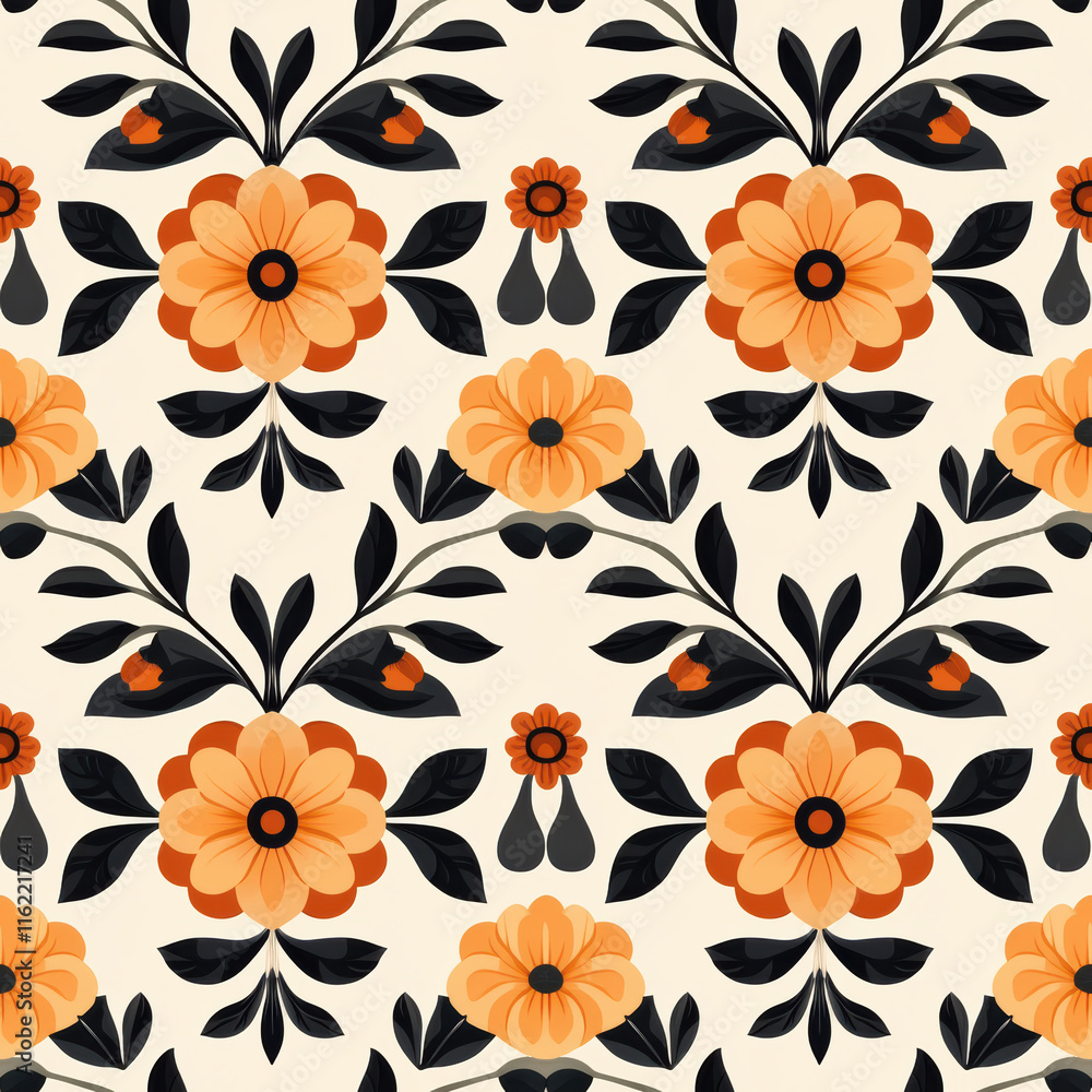 Snowflake seamless pattern, A vibrant floral pattern featuring orange flowers and black leaves, perfect for textile designs and creative projects. Snowflake seamless pattern, A vibrant floral pattern featuring orange flowers and black leaves, perfect for textile designs and creative projects.