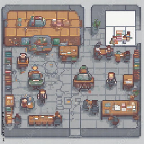 Pixel art depicting a charming pixelated restaurant with tables and chairs.