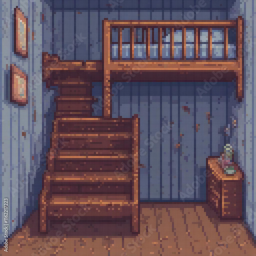 Pixel art of a cozy bunk bed bedroom with charming stairs.