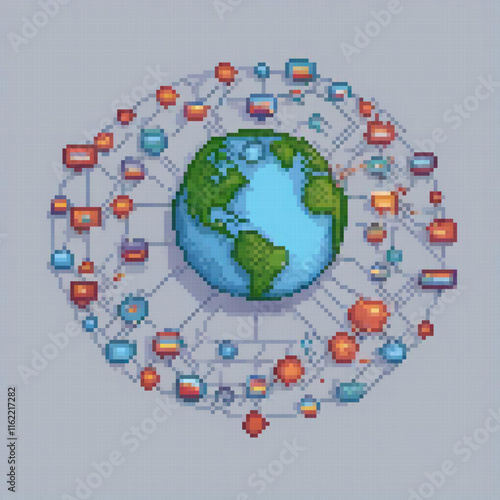 Pixel art globe on a gray background with surrounding squares