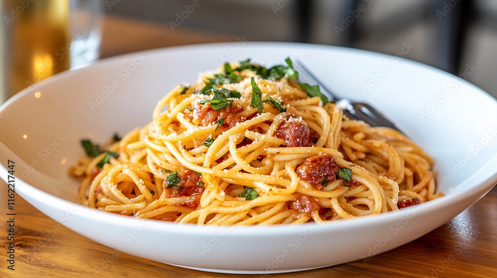 A plate of spaghetti topped with herbs and cheese, ready to eat. A plate of spaghetti topped with herbs and cheese, ready to eat.
