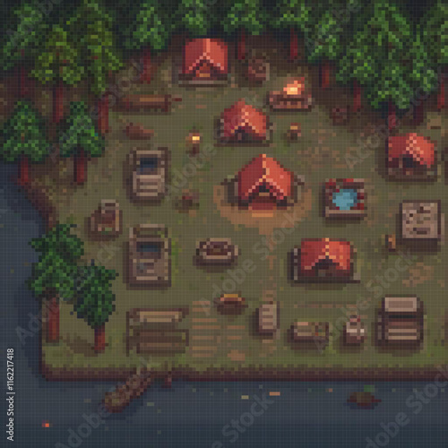 Pixel art depicting a serene island oasis amidst a tranquil lake, framed by lush trees.