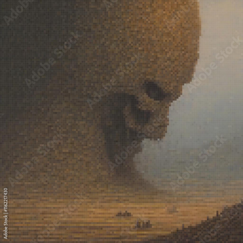 Pixel art skull amidst ocean waves
