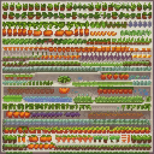 Pixel art featuring a computer screen displaying an array of colorful vegetables.