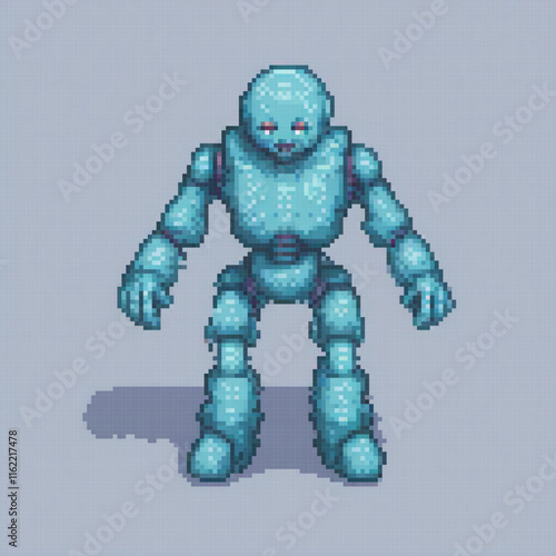 Blue robot with red eyes in pixel art, against a gray backdrop.