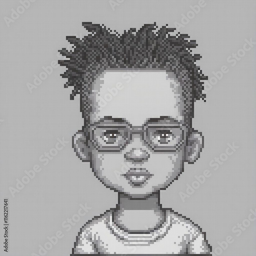 Pixel art of a boy with glasses in a classic black and white photo.
