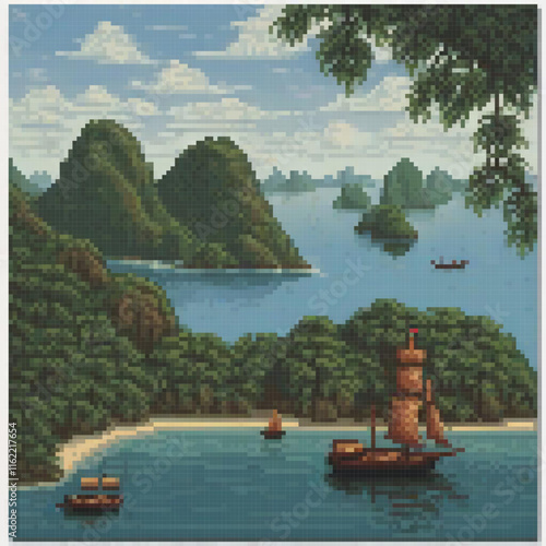 Pixel art depicting a serene boat amidst calm waters.