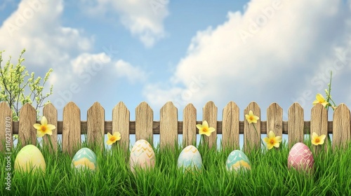 Spring grass and wooden fence adorned with vibrant yellow narcissus flowers and easter decorations under a cloudy sky, creating a cheerful seasonal scene for festive and nature-themed designs photo