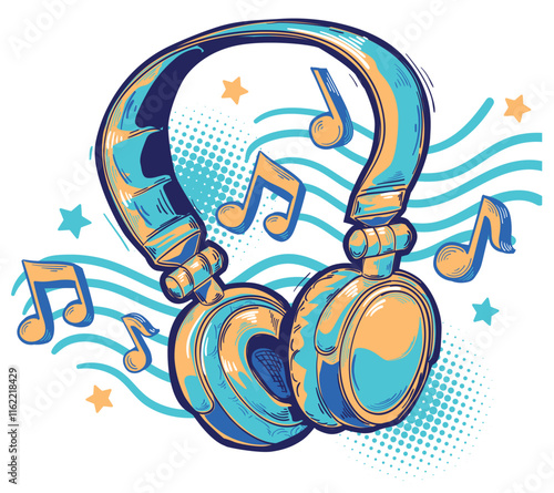 Music design - drawn colorful audio headphones and musical notes