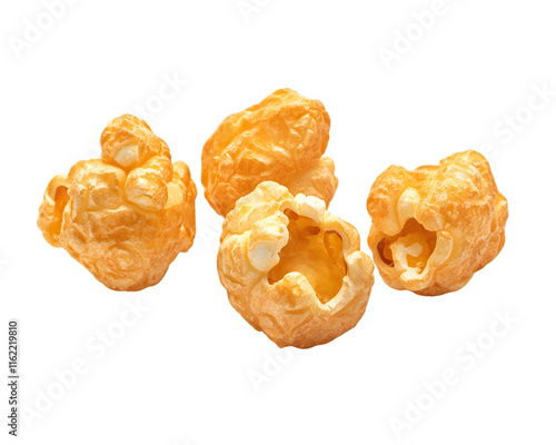 Four Pieces of Caramel Popcorn Isolated On A White Background, PNG Transparent photo