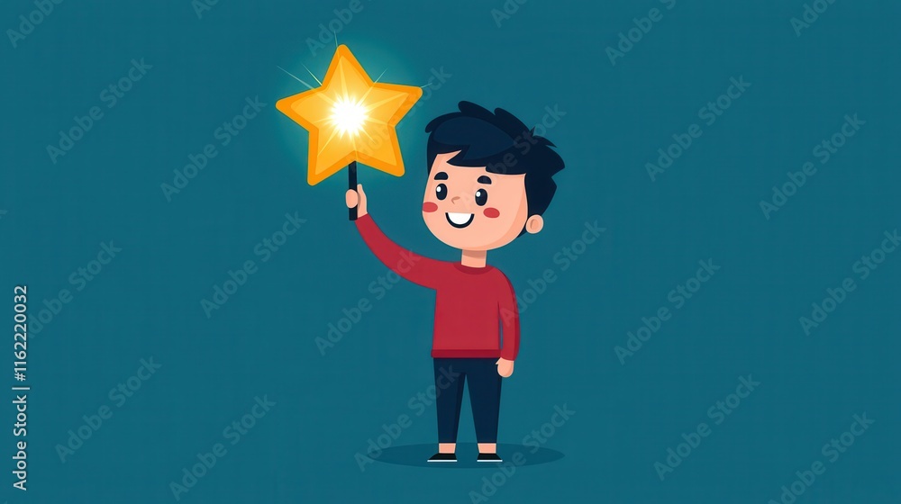 Cheerful child holding a glowing star wand against a teal background. leadership concept