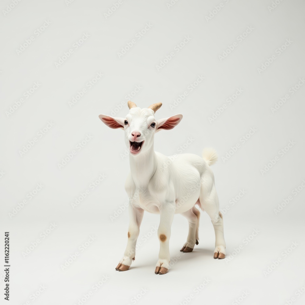 Fototapeta premium A playful white goat on a pure white backdrop , elegance, majestic