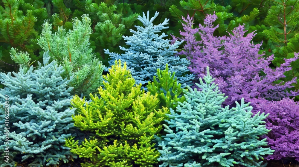 Obraz premium Vibrant Evergreen Garden A Colorful Conifer Collection