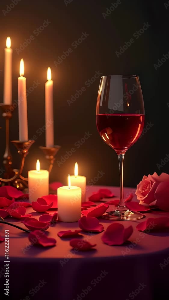 Romantic setting for dinner with candles, wine and rose petals on the table Romantic setting for dinner with candles, wine and rose petals on the table