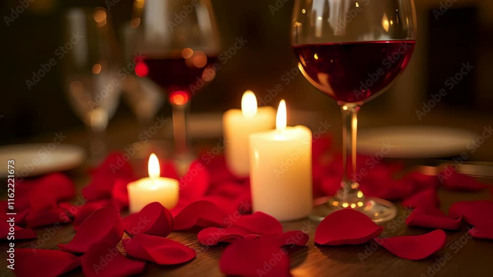 Romantic setting for dinner with candles, wine and rose petals on the table Romantic setting for dinner with candles, wine and rose petals on the table