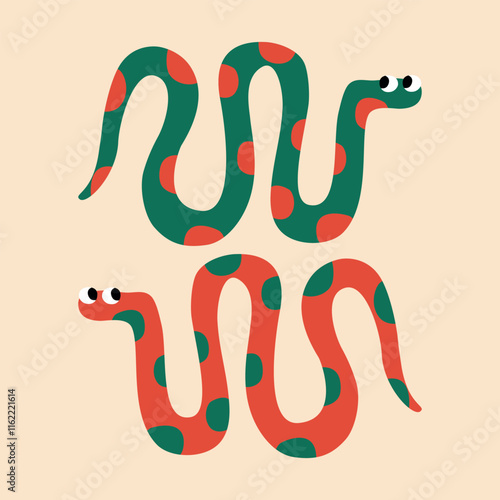 Tropical colorful snakes hand drawn vector illustration. Isolated mangrove serpents in flat style for logo, icon or poster.