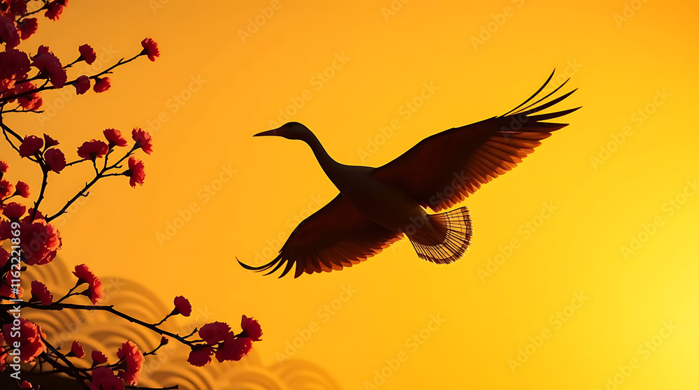 Fototapeta premium A striking silhouette of a crane in flight against a vibrant golden sunrise