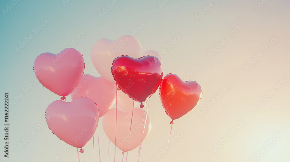 A cluster of heart-shaped red and pink balloons floating against a pastel-colored background A cluster of heart-shaped red and pink balloons floating against a pastel-colored background